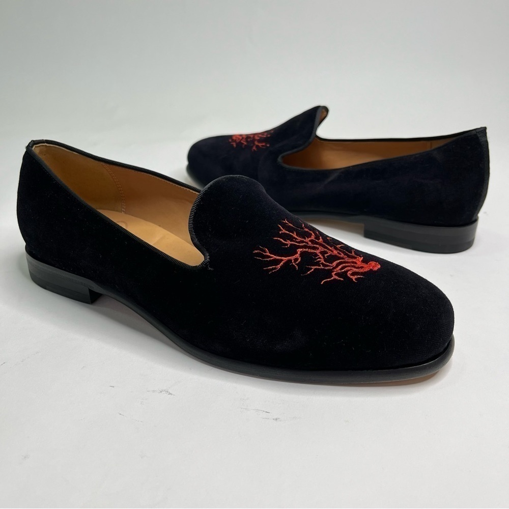 NEW Bing Xu Red Embroidered Coral Reef Black Velvet Slipper Flat Leather Loafers
